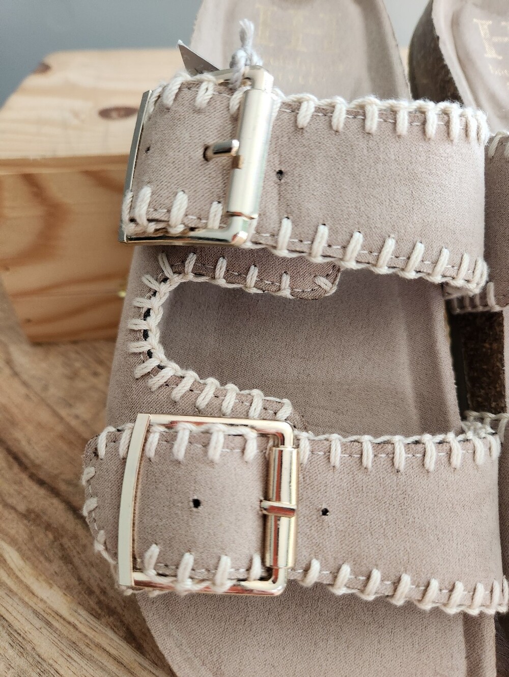 Haute Hippie Taupe Double-Buckle Embroidered Slide Sandals - Picture 10 of 16